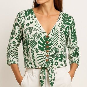 Maison d’Amelie linen blend button up leaf print blouse, sz medium